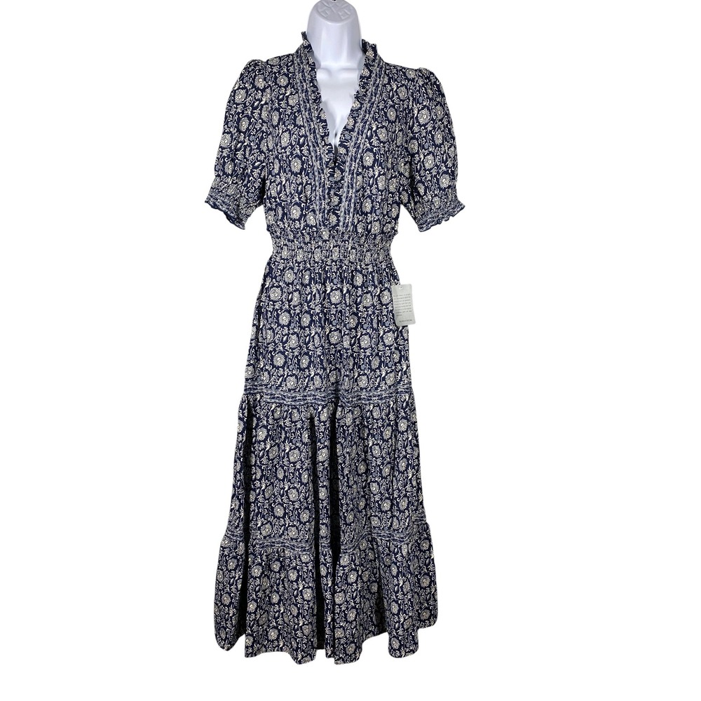Max Studio London Maxi Dress Womens M Navy NWT Smocked Tiered Floral 3904B60